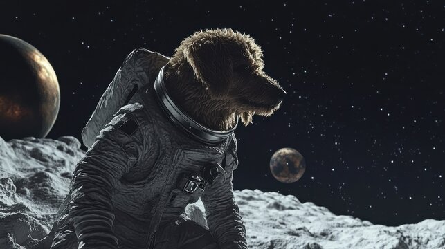 A poodle in a space suit, walking on the surface of the moon or Mars, with stars, planets, and galaxies in the background.
