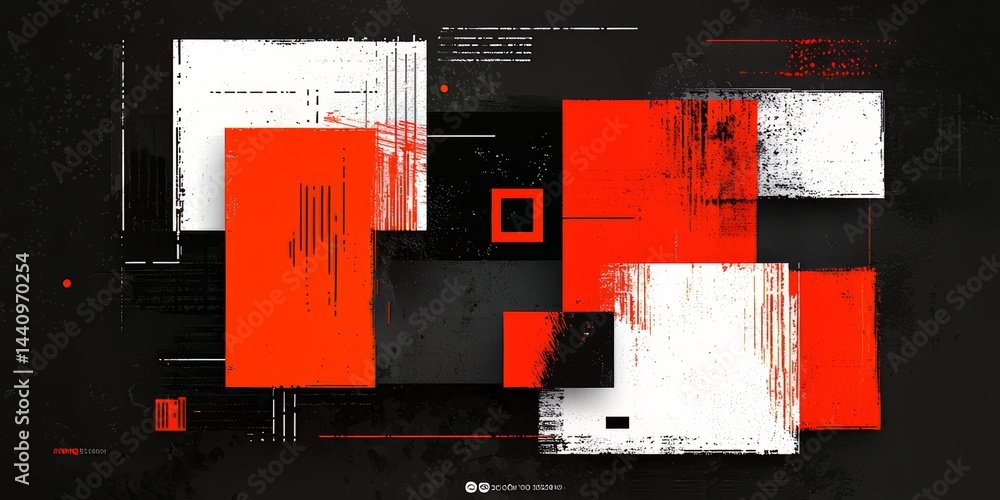 Poster black and white abstract image with red and white squares. the squares are of different sizes and ar