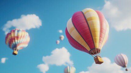 Fototapeta premium Colorful hot air balloons float against a blue sky.