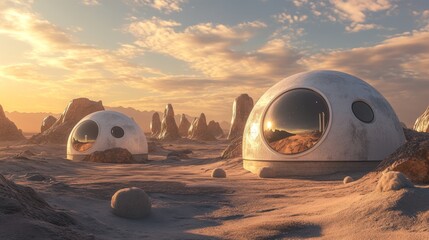  Futuristic dome houses in alien desert landscape