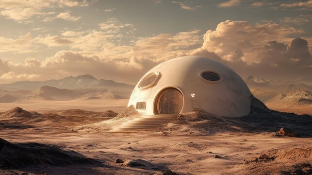  Single futuristic dome home on alien planet at sunset