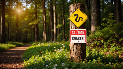 Caution sign warns about snakes in a tranquil forest setting  