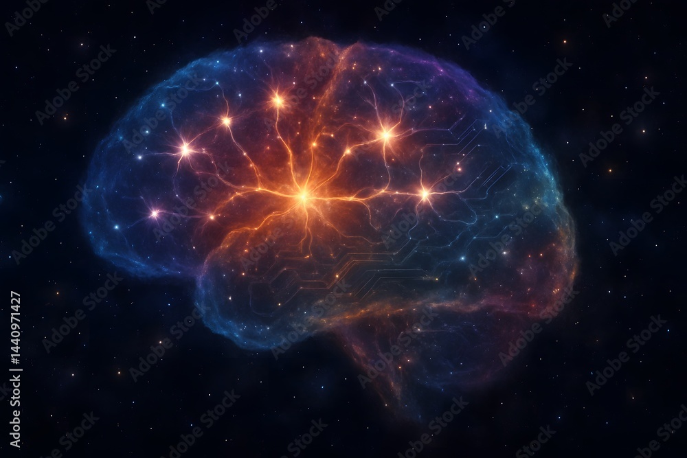 Poster abstract futuristic concept depicting an illuminated brain-shaped nebula with embedded circuitry amo