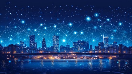 Fototapeta premium Night cityscape with interconnected digital network