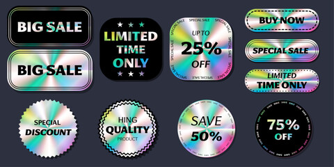 A set of holographic stickers for sales, discounts, high quality and a new collection. Illustration