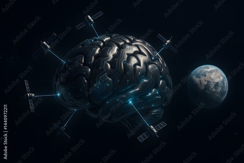 Poster conceptual digital art showing a high-tech brain linked by satellites orbiting earth, symbolizing ai