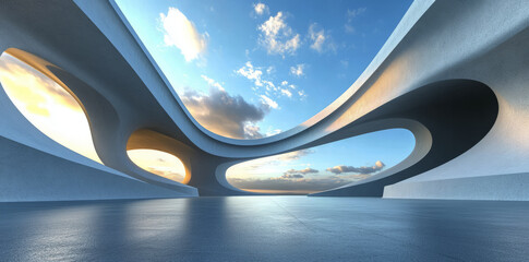 Fototapeta premium Abstract white curved architectural background with a floor and blue sky, in the minimalist style.