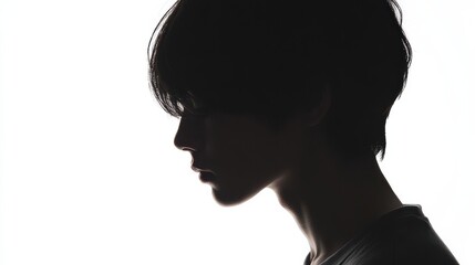 Dark silhouette of young Asian man on white background side view.