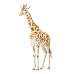 Obraz premium A single giraffe stands tall with its spotted coat against a white background.
