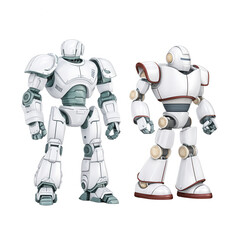 Fototapeta premium Two futuristic white robots stand isolated against a plain white background
