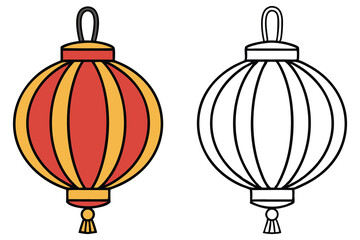 Traditional Chinese Lanterns Red, Yellow, and Outline Version on White Background