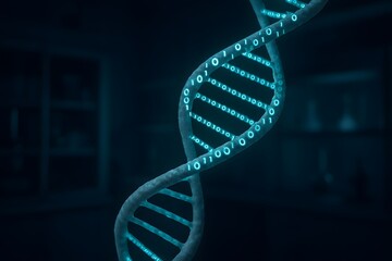 Creative digital artwork illustrating a futuristic DNA structure composed partially of glowing binary numbers, symbolizing technology integration and genetic innovation.