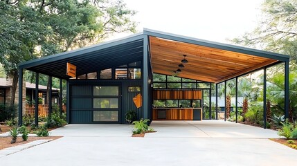 Modern, contemporary tiny house with carport
