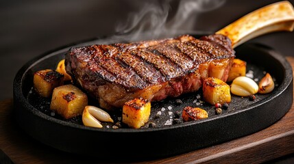 Tomahawk steak presentation at 45-degree angle highlighting perfect grill marks, marbled texture and roasted aromatics on dark restaurant-style serving platter