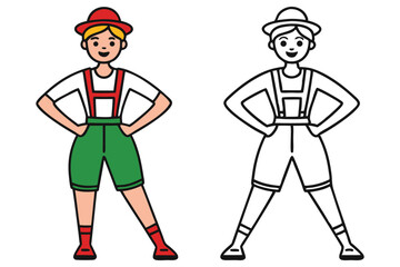 Cartoonish Blonde Boy with Hat and Traditional Costume In Color and Black and White