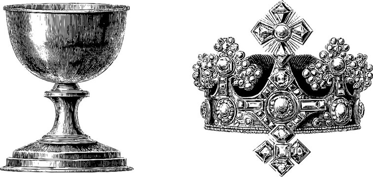 Vintage engraved illustrations of silver goblet and jeweled crown for historical design