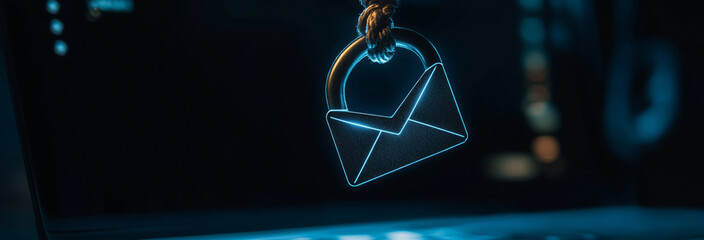 A phishing hook holding an email icon with an ominous shadow behind it, displayed on a glowing laptop screen.