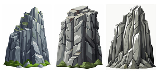 Mountain peak grey stone set. Big rock cartoon cliff. Cliff game objects. Boulder, stones, rocks, mountain peak relief. 2d rock asset. Mountain grey stones. Vector grey rock stone, isolated on white © Ilya