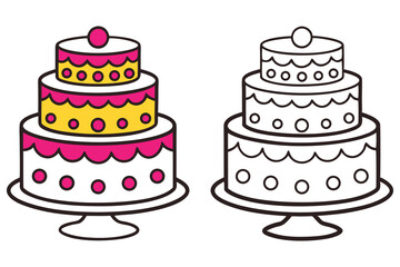 Tiered Cake Lineart Design on Stand with Pink and Yellow Icing