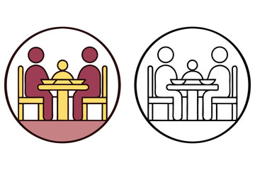 Two Group of People Sitting at Table in Round Icon Style