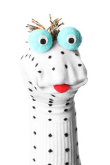 Funny sock puppet with tongue isolated on white