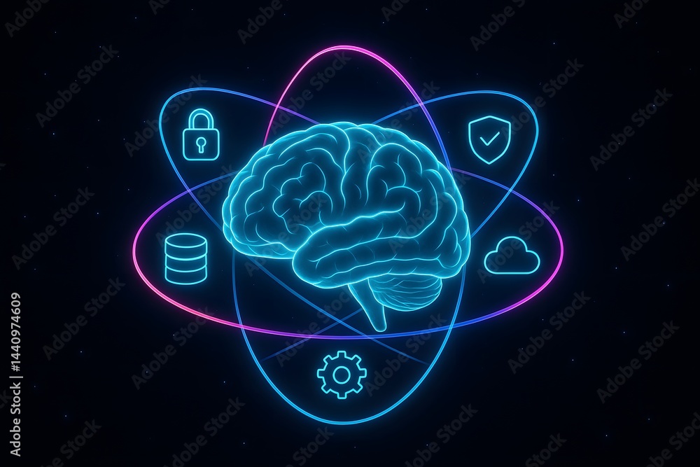 Aufkleber neon-styled illustration of a human brain surrounded by icons of cybersecurity, cloud computing, rob