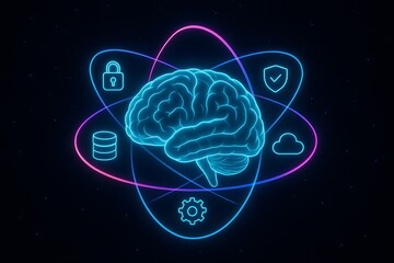Neon-styled illustration of a human brain surrounded by icons of cybersecurity, cloud computing, robotics, and analytics, representing artificial intelligence and technology innovation.