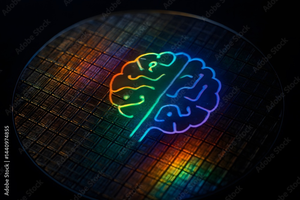 Poster creative visual representation of semiconductor technology and ai, showing colorful reflective wafer