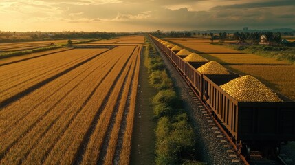 Freight train paralleling paddy field, carry piles of gold. Arri Alexa 35 cinema camera, pantone.