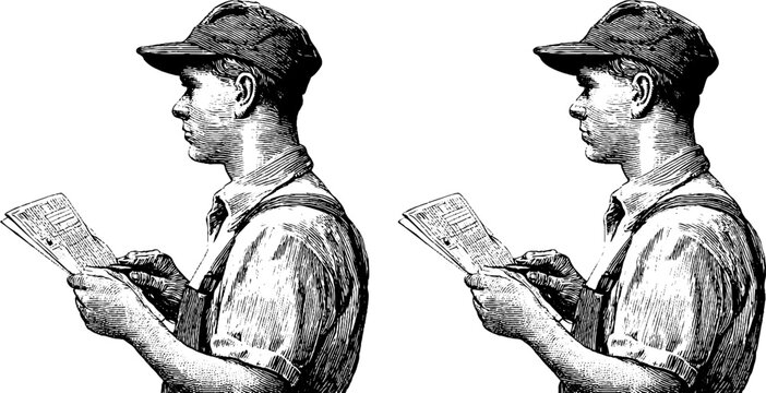 Vintage engraved illustration of census taker in profile holding notebook for documentation and record keeping