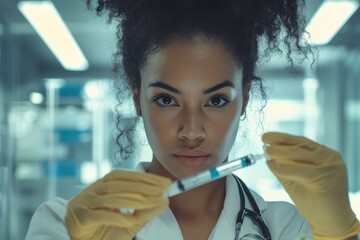 Biracial female doctor prepares for data processing in a medical environment with confidence and precision, data processing over biracial female doctor with vaccine