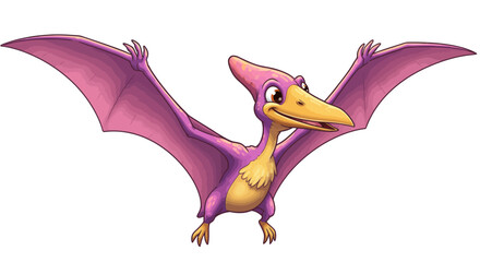 A Friendly Purple Cartoon Pterodactyl Soars With Wings Outstretched In A Cheerful Vector Art Style © vikriza