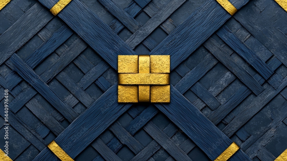 Poster blue and gold design with a gold square in the middle. the design is made of wood and has a wavy pat