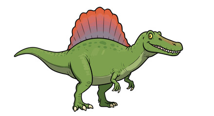 Fototapeta premium A Friendly Green Spinosaurus With A Bright Sail Smiles Rendered In A Clean Cartoon Vector Style