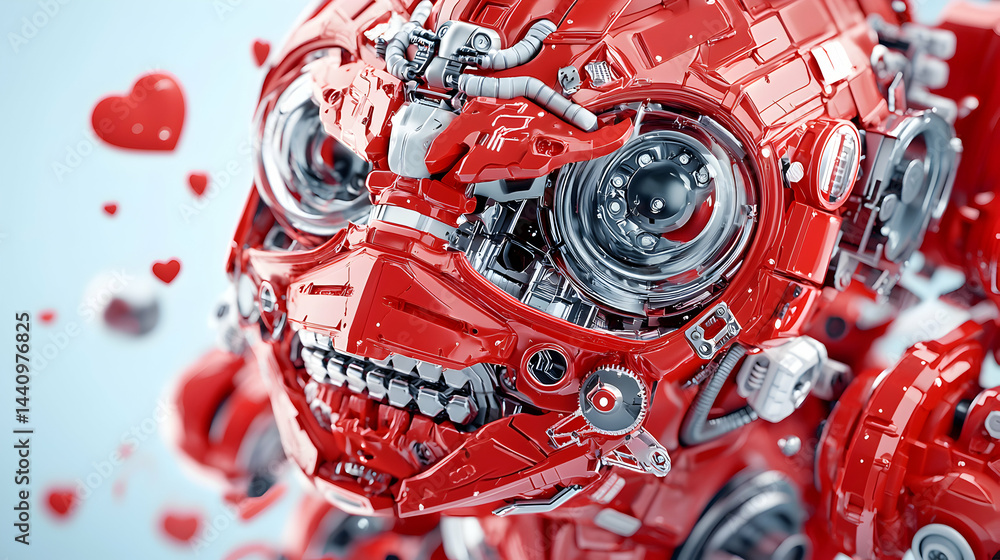 Poster a futuristic red robot face with heart-shaped elements floating in the background symbolizing love. 