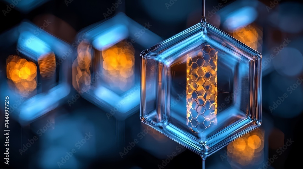 Leinwandbilder blue and orange cube with a yellow light inside. the cube is surrounded by other cubes, creating a p