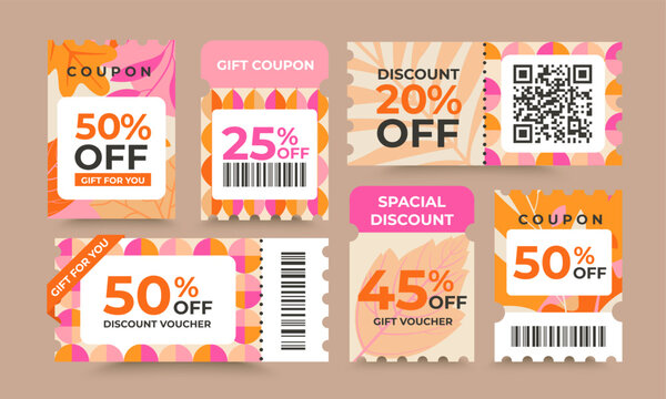 Set of autumn discount offer coupons.Gift vouchers,sale tickets template with cutting dashed lines,qr code.Shopping savings coupon.Design for web,social media,business promo,online purchases.Vector
