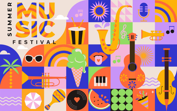 Summer music festival.Musical fest party,concept of live music event,jazz and rock concert.Music poster with instrument on geometric background.Template for banner,flyer,invitation,social media.Vector - Powered by Adobe