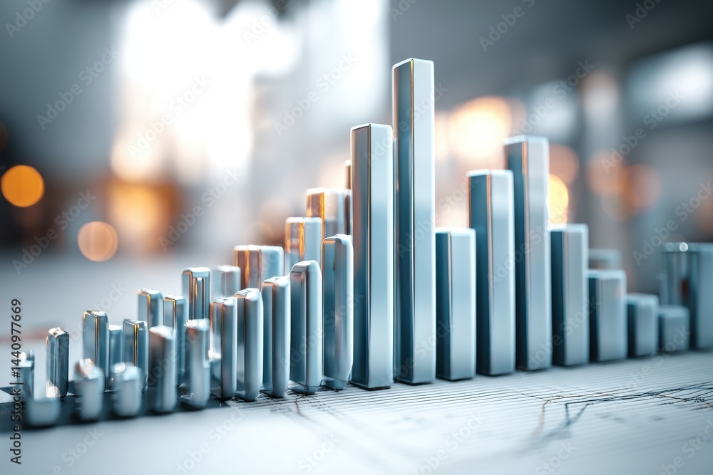 Poster a dynamic 3d rendering of a bar graph showing an upward trend, with abstract shapes in cool, sleek c