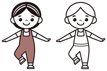 Isolated Cartoon Children Balance, Line Art, Joyful Kids Exercise, One in Color