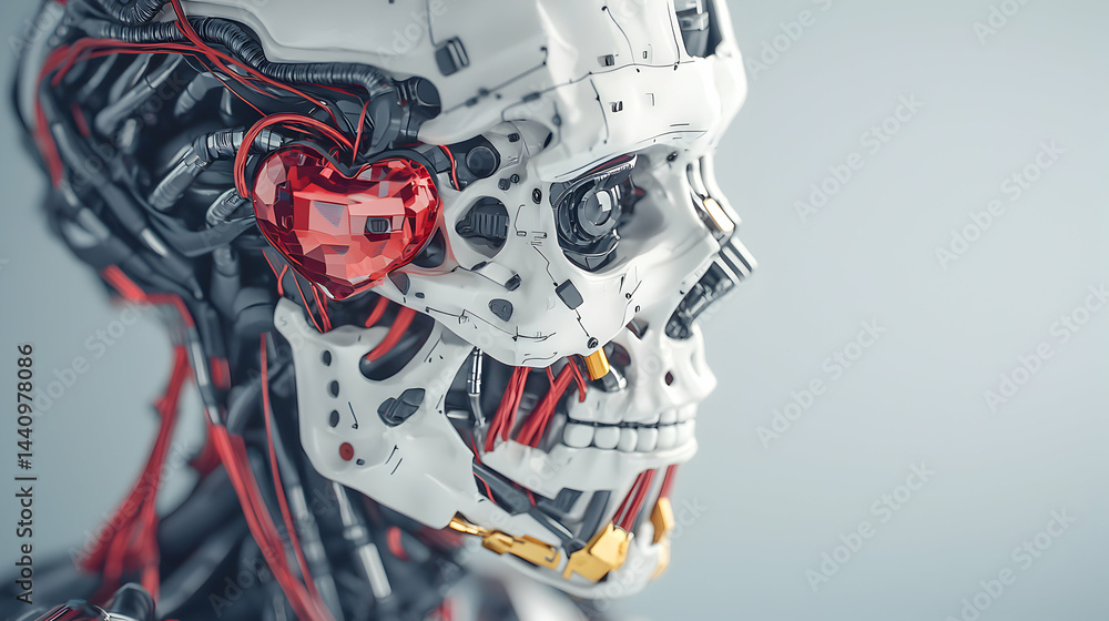 Poster cybernetic skull with a crystal heart and internal mechanisms. suggests artificial intelligence and 