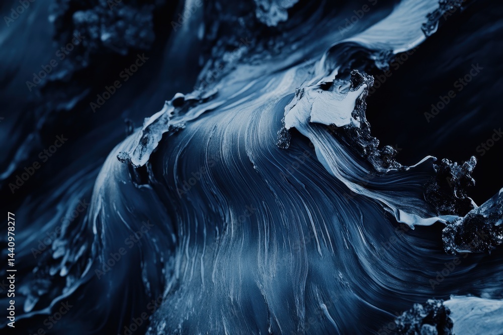 Poster Fluid blue waves gracefully ripple against a dark background with smooth textures and dynamic movement, Animated blue Fluid Waves In black background