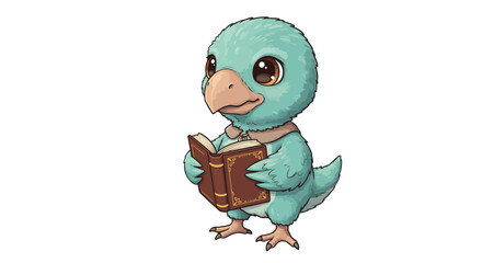 A Cute Cartoon Troodon With Green Feathers Intently Reading A Book Against A White Background