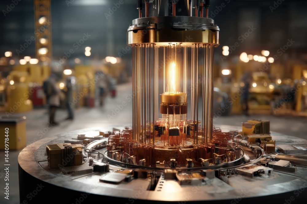 Poster advanced quantum computer core with shining light and complex circuit design, representing future te