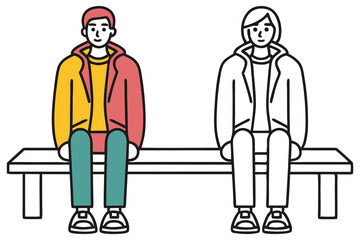 Young Man and Woman Sitting on Bench in Coat Outline Style on Transparent Background