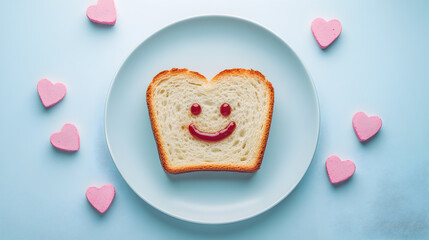 A heart-shaped sandwich with pink frosting on a blue plate