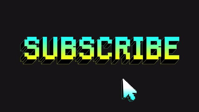 Pixel push the button subscribe word title banner. Neon gradient iridescent voxel live stream podcast channel text with a clicking cursor on a transparent alpha channel. Loop 