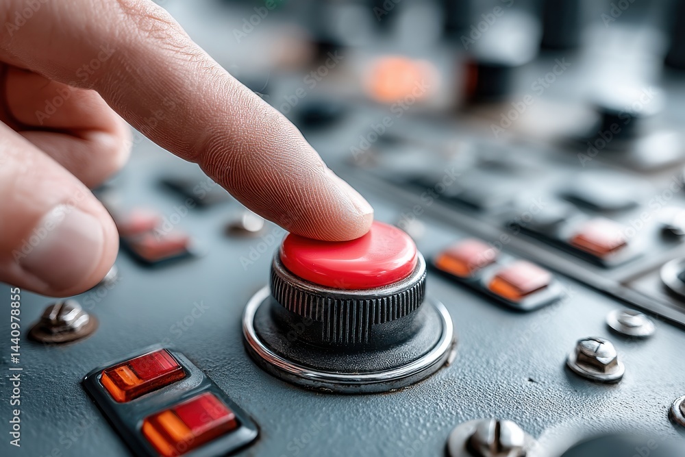 Poster a close-up shot of a finger pressing a bright red button on a complex industrial control panel, acti