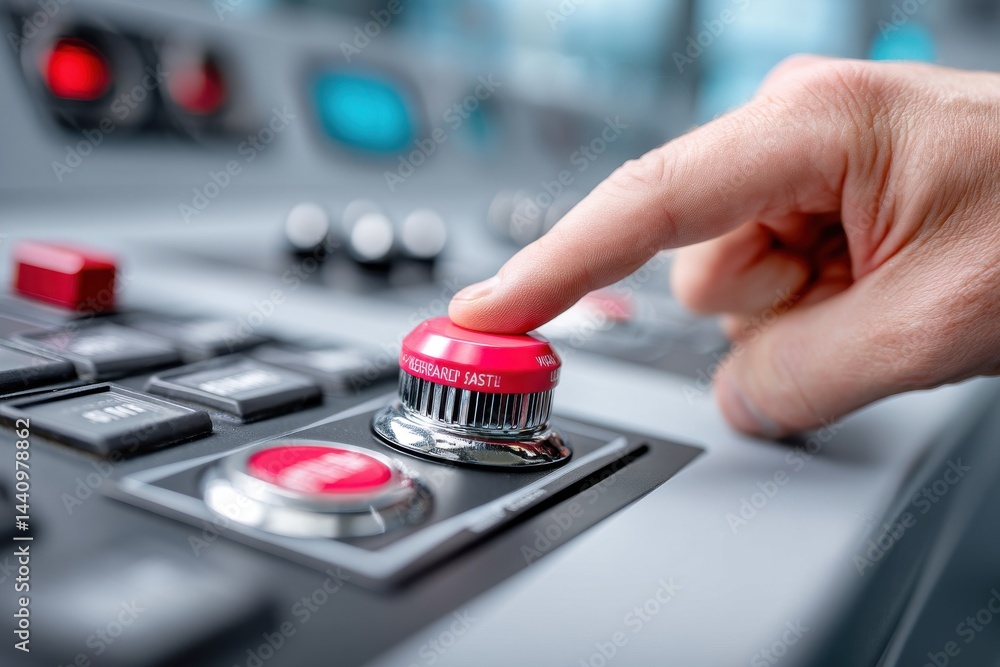 Poster a close-up of a man's finger pressing a large red button on a control panel, demonstrating action, c