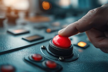 A close-up shot of a finger pressing a large red emergency stop button on industrial equipment, highlighting the urgency and potential consequences of the action.